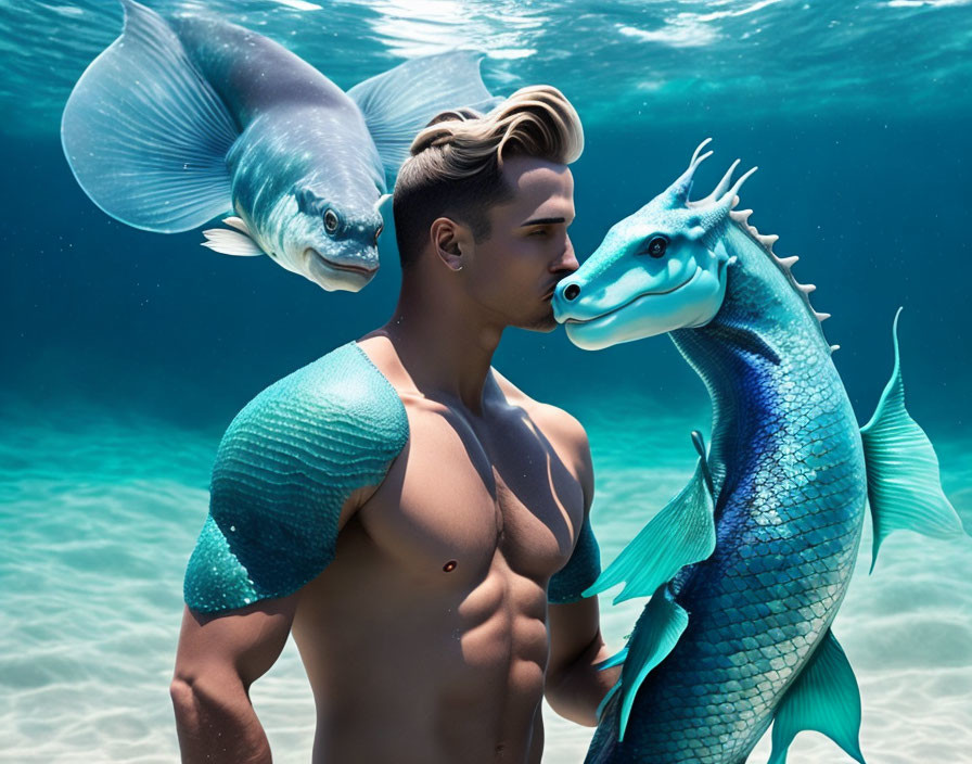 Male merman with fantastical fish in clear blue underwater scene