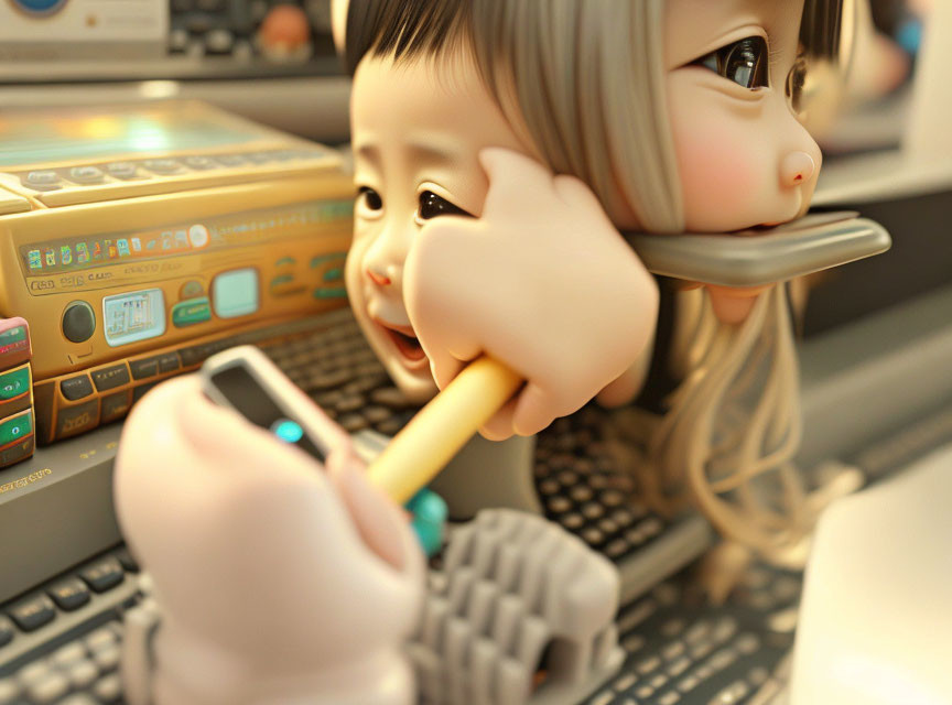 Girl resting cheek on hand, looking at phone with figurine nearby