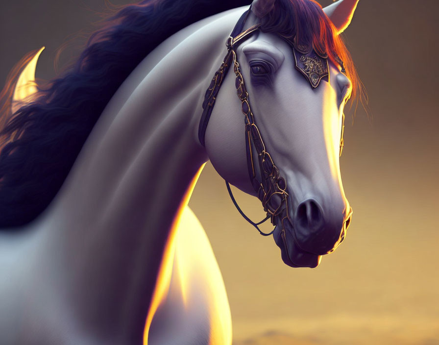 Majestic white horse with black mane on golden background