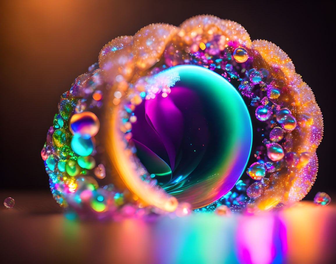 Colorful Soap Bubble with Water Droplets on Dark Background