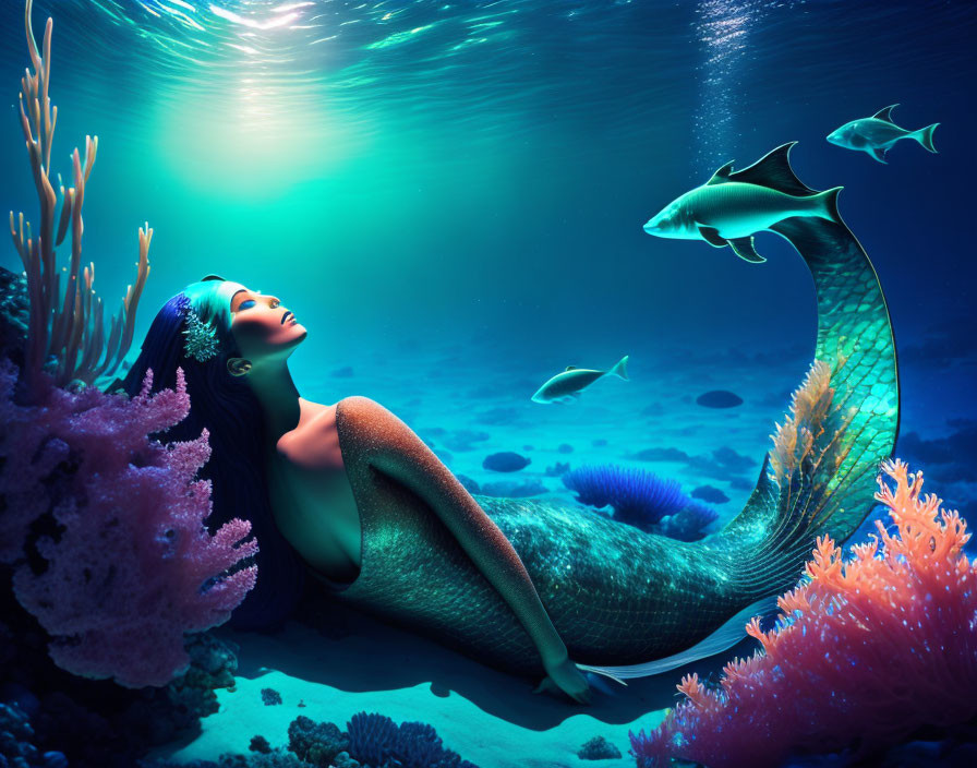 Blue-haired mermaid among coral reefs and fish in sunlit ocean