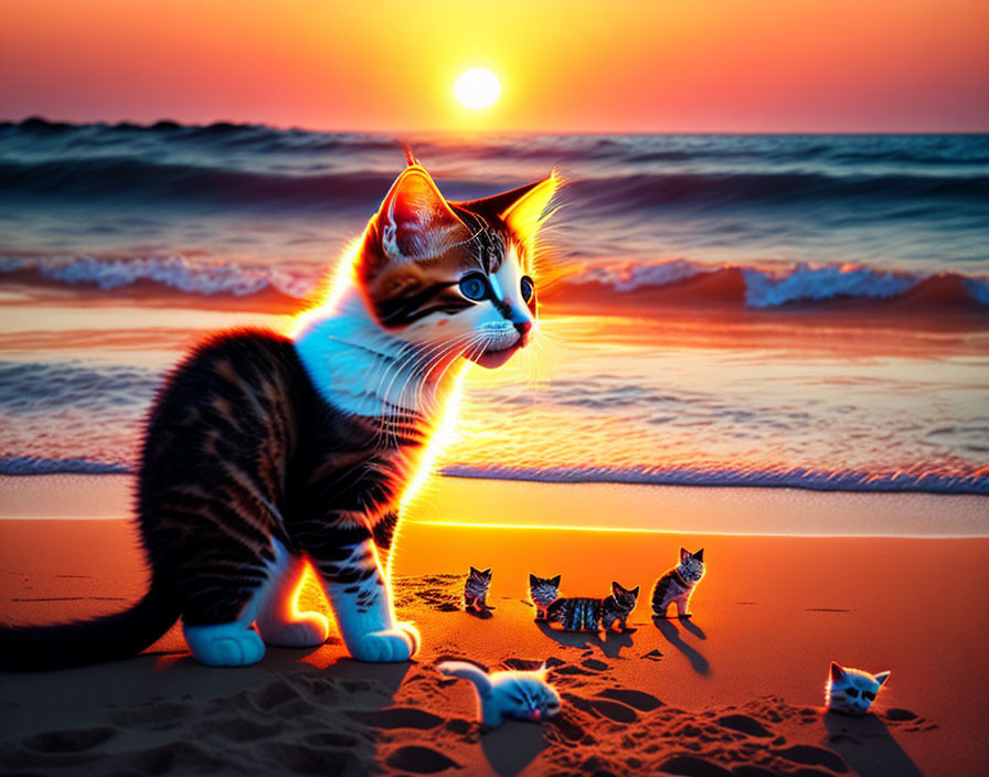 Large kitten watching sunset over sea with smaller kittens and toys on sand