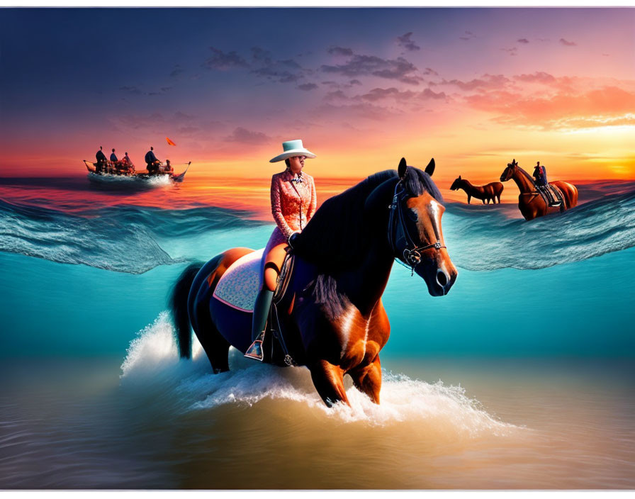 Cowboys riding horses on ocean waves at sunset with boat in background