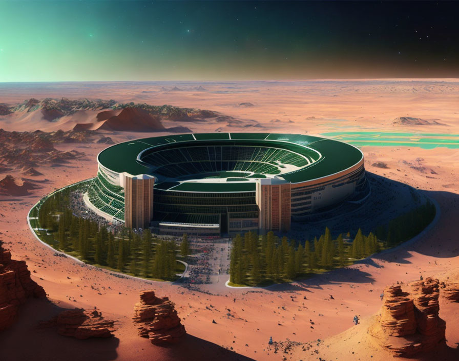 Futuristic stadium in desert landscape with rock formations