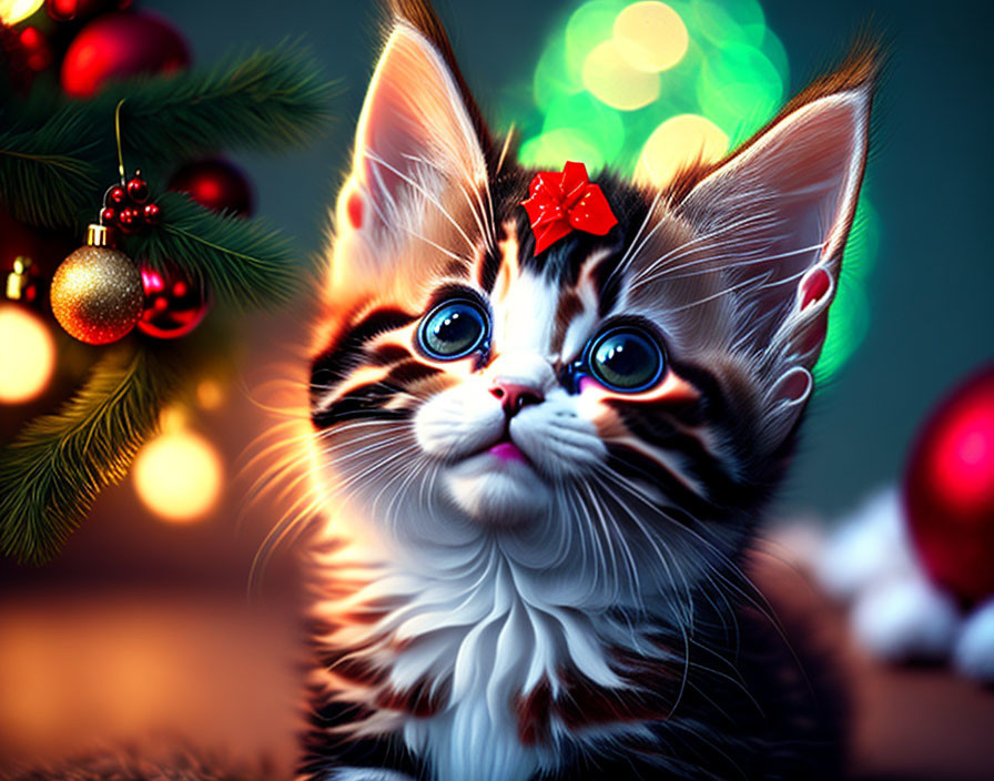 Fluffy kitten with red bow in front of Christmas tree