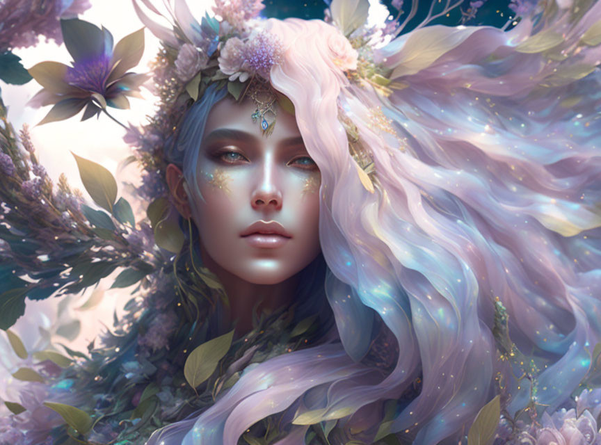 Multicolored hair female figure with floral adornments in ethereal setting