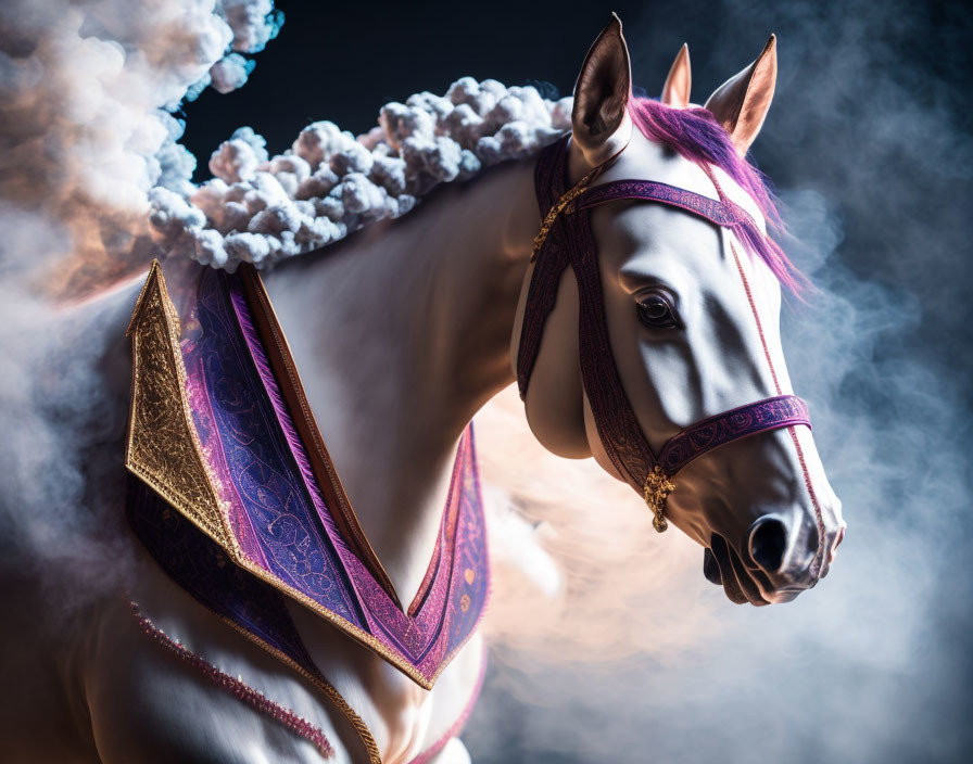 White Horse with Purple Cloak and Bridle in Smoky Scene