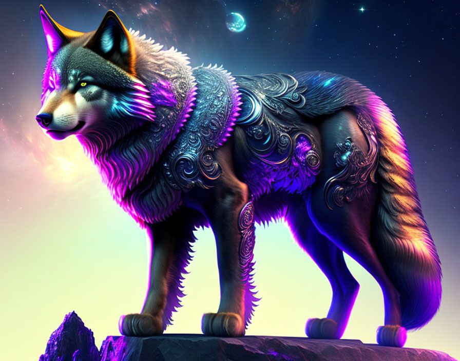 Colorful Wolf with Ornate Patterns in Cosmic Setting