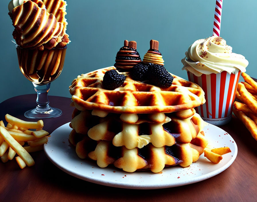 Delicious Waffles with Chocolate, Berries, Fries, Milkshake, and Sundae