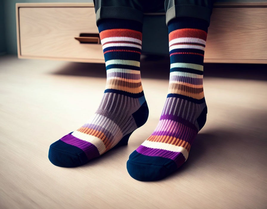 Striped socks person on colorful wooden floor near bookshelf