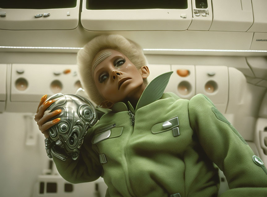 Futuristic woman with striking makeup holding metallic orb in spacecraft setting