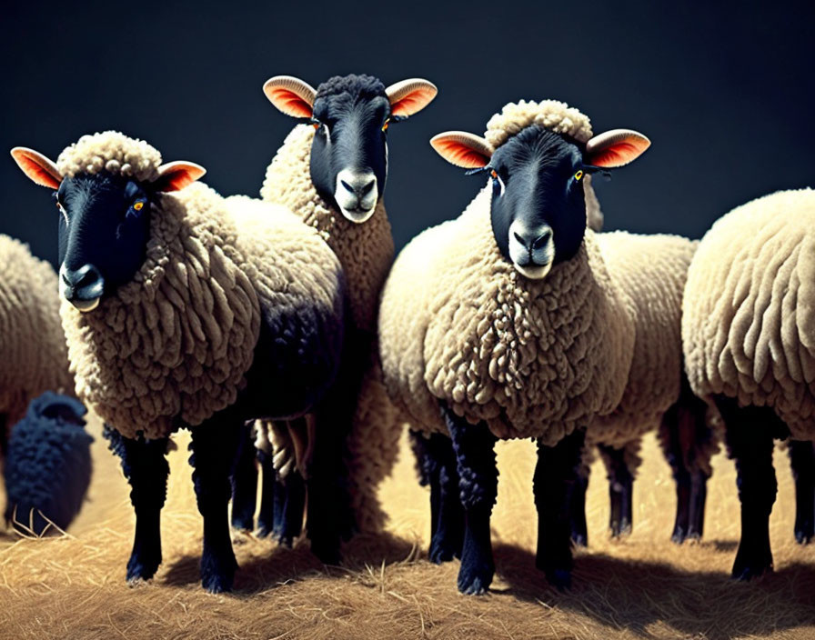 Four sheep in spotlight against dark background