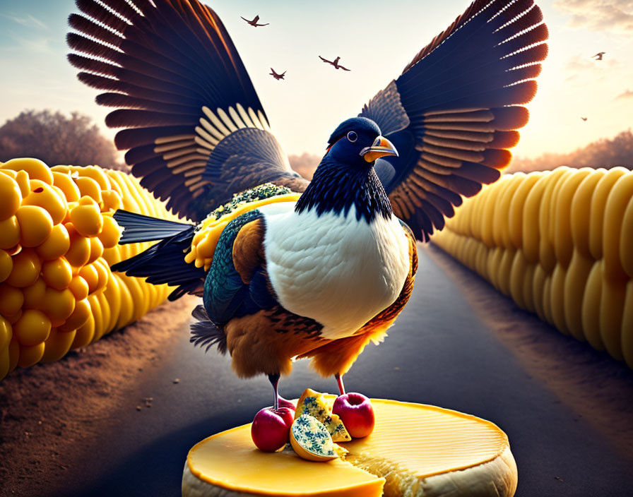 Majestic bird on cheese wheel with corn rows at sunset