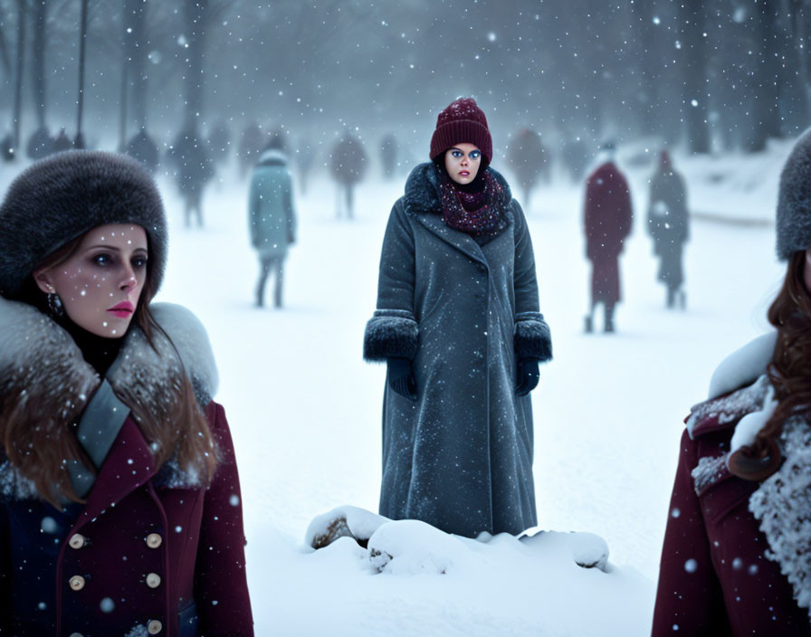 Woman in grey coat stands in snowy scene with focused expression