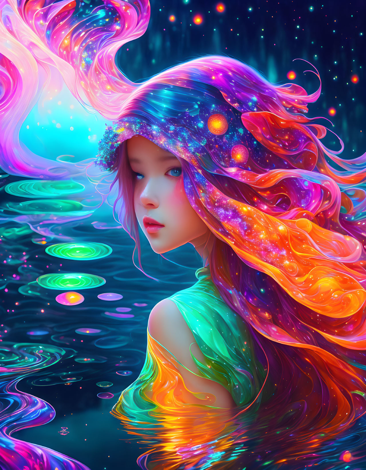 Ethereal woman with cosmic hair gazes over reflective water