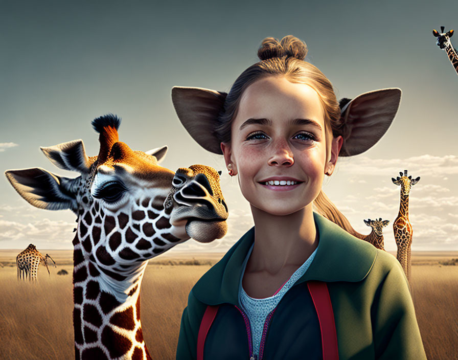 Digital artwork: Smiling girl with giraffe ears, giraffe nuzzling cheek, savannah