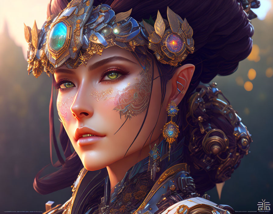 Detailed digital portrait of woman in ornate armor and jeweled headpiece with facial tattoos.