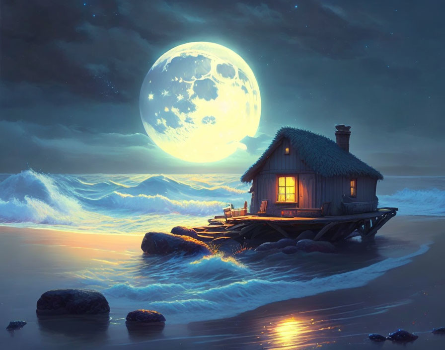 Seaside wooden house on rock under full moon