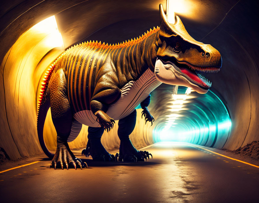 Realistic Tyrannosaurus Rex in tunnel with warm yellow and blue lighting