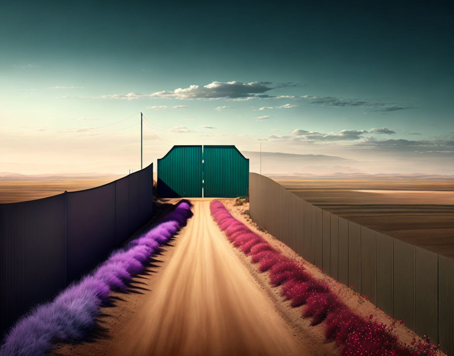 Rural dirt road scene with green shed and colorful flowers at dusk