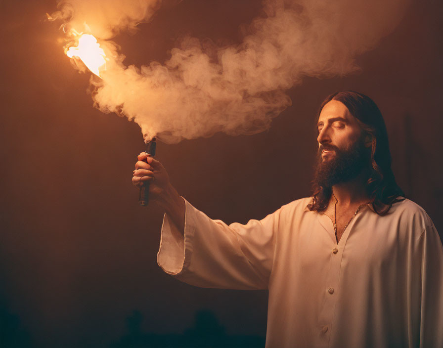 Bearded person in white robe with lit torch in dimly lit room