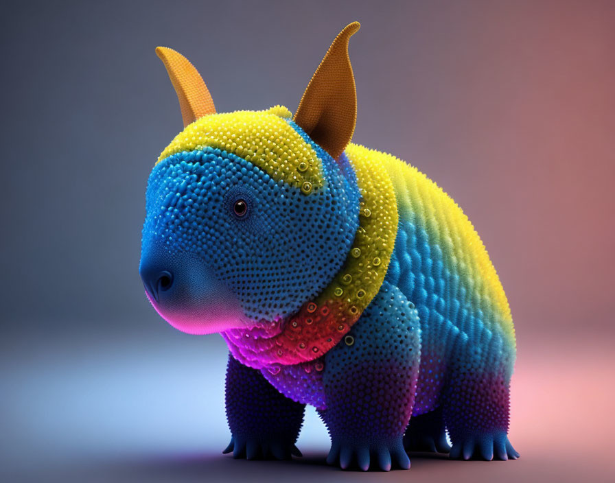 Stylized baby rhinoceros with textured skin in blue and yellow gradient on multicolored