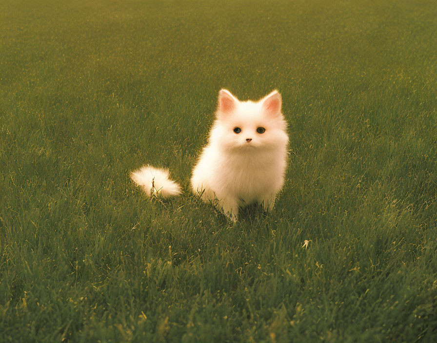 White fluffy kitten with bright eyes in lush green field