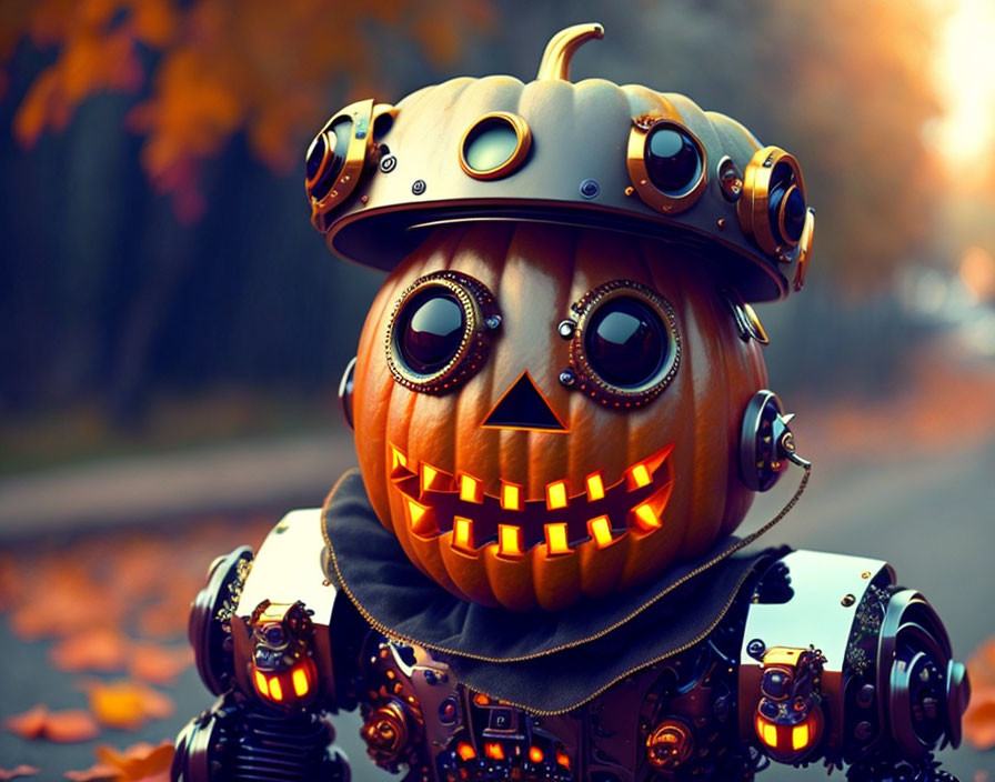 Steampunk robot with pumpkin head in autumn scene