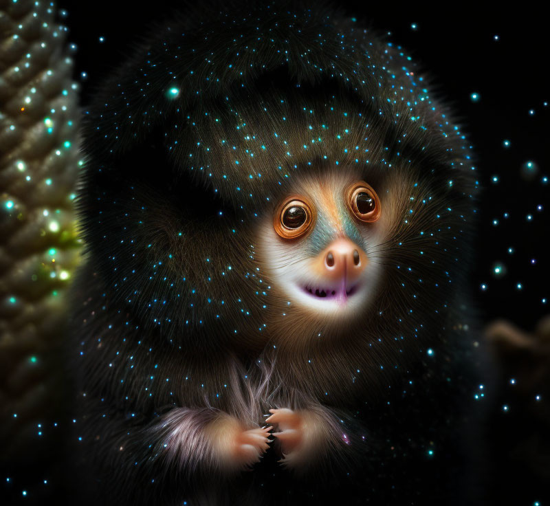 Mystical nocturnal primate with glowing halo dots