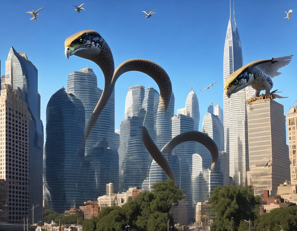 Surreal cityscape with giant snake falcon heads and skyscrapers