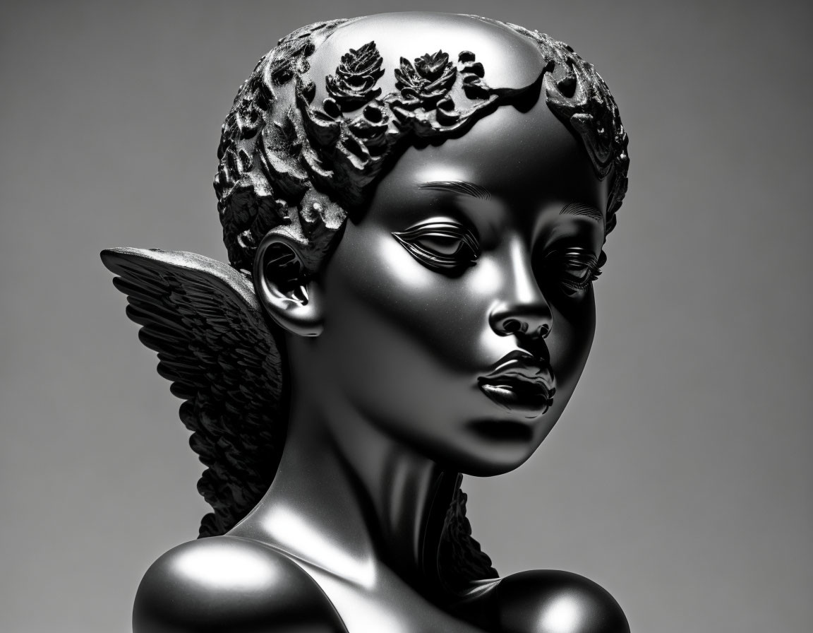 Monochrome metallic sculpture of woman with angelic wings and ornate hair