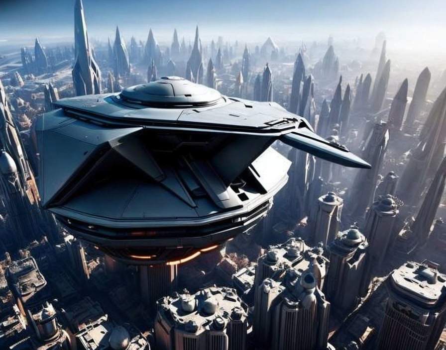 Futuristic spaceship over tall city skyscrapers in clear sky