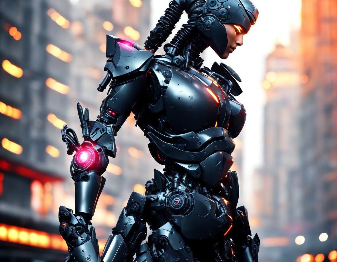 Futuristic humanoid robot in black armor with red chest light on cityscape backdrop