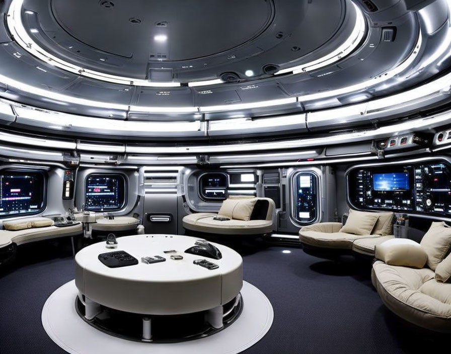 Futuristic Spaceship Interior with White Tables and High-Tech Panels