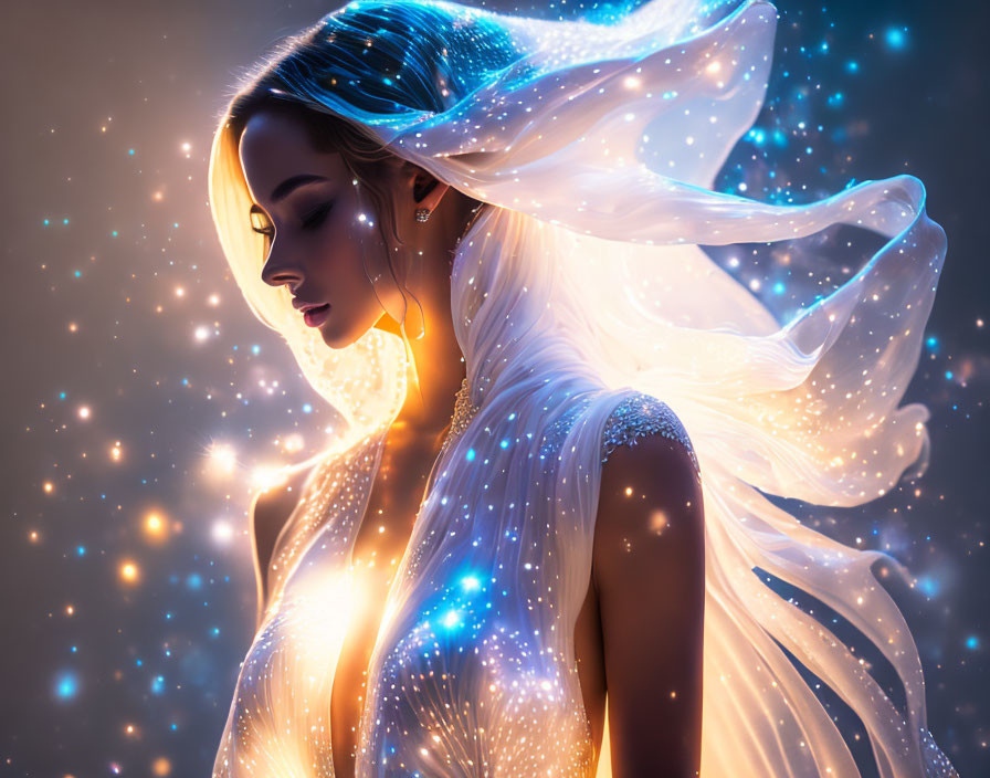 Ethereal woman in luminous attire with mystical glow