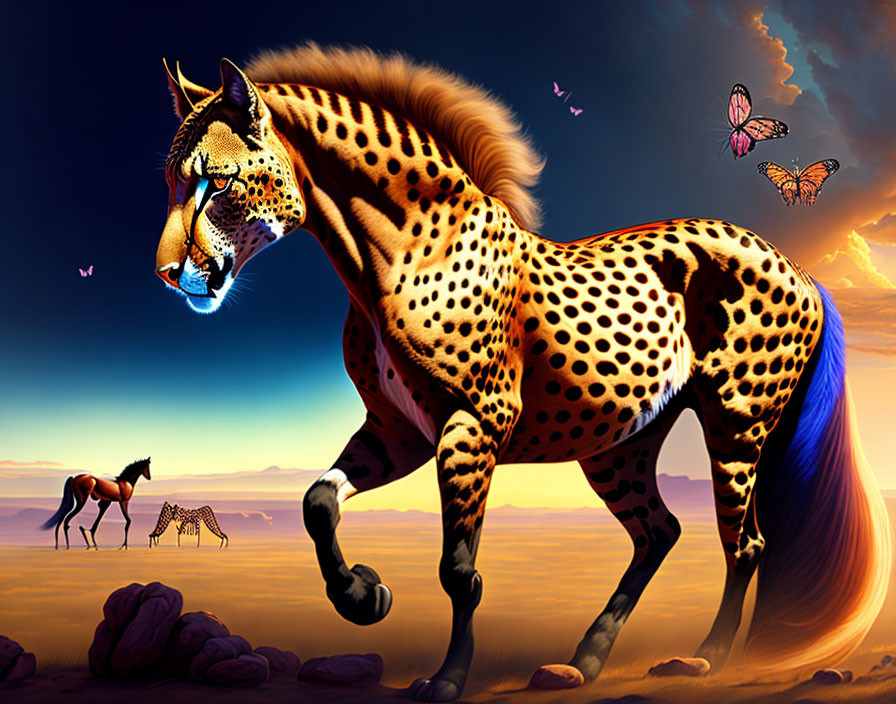 Surreal Horse with Leopard Spots in Desert Sunset