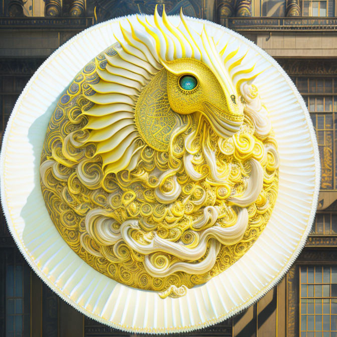 Golden Dragon Sculpture with Swirling Patterns and Single Eye Against Classical Building Facade