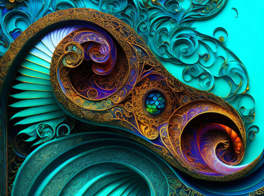 Detailed Fractal Artwork: Swirling Blue and Gold Patterns