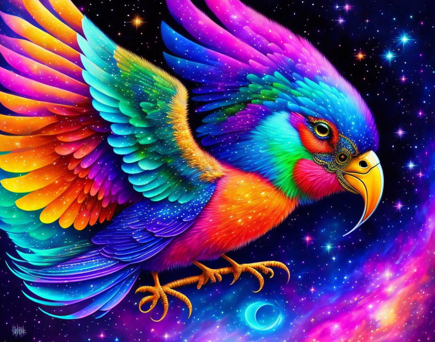 Colorful mythical bird with rainbow wings in space