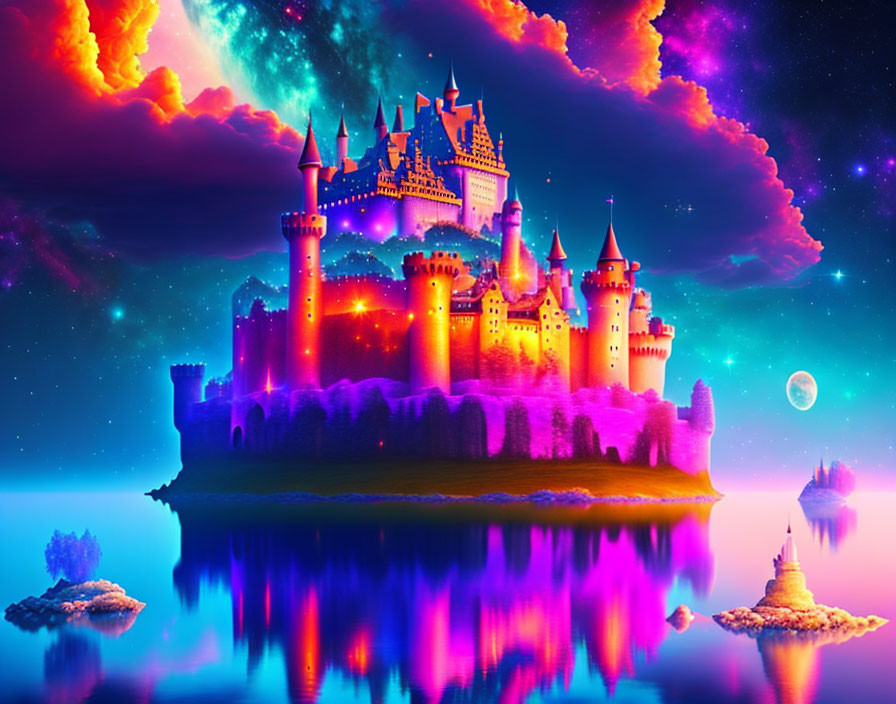 Fantasy castle with spires under colorful sky and moon reflection.