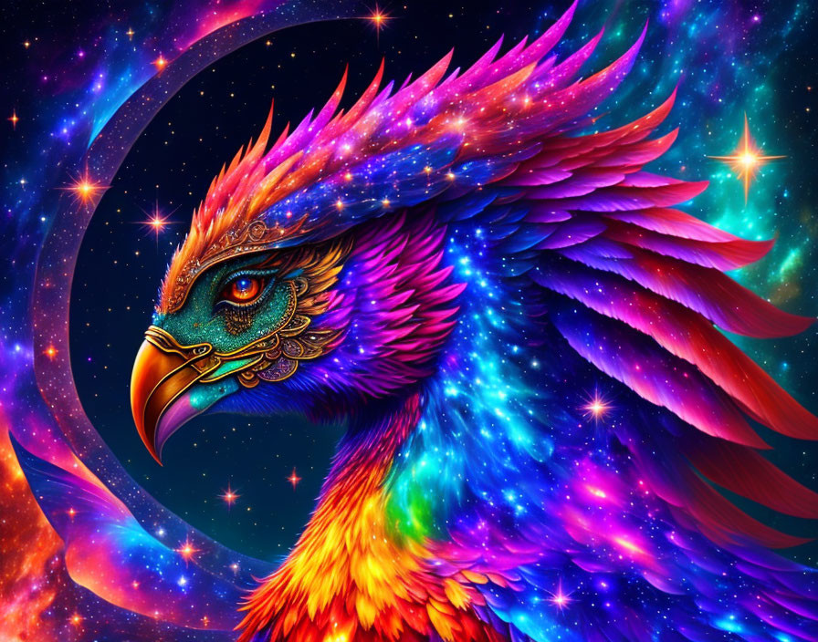 Colorful mythical phoenix illustration with detailed head and expansive wings on cosmic background