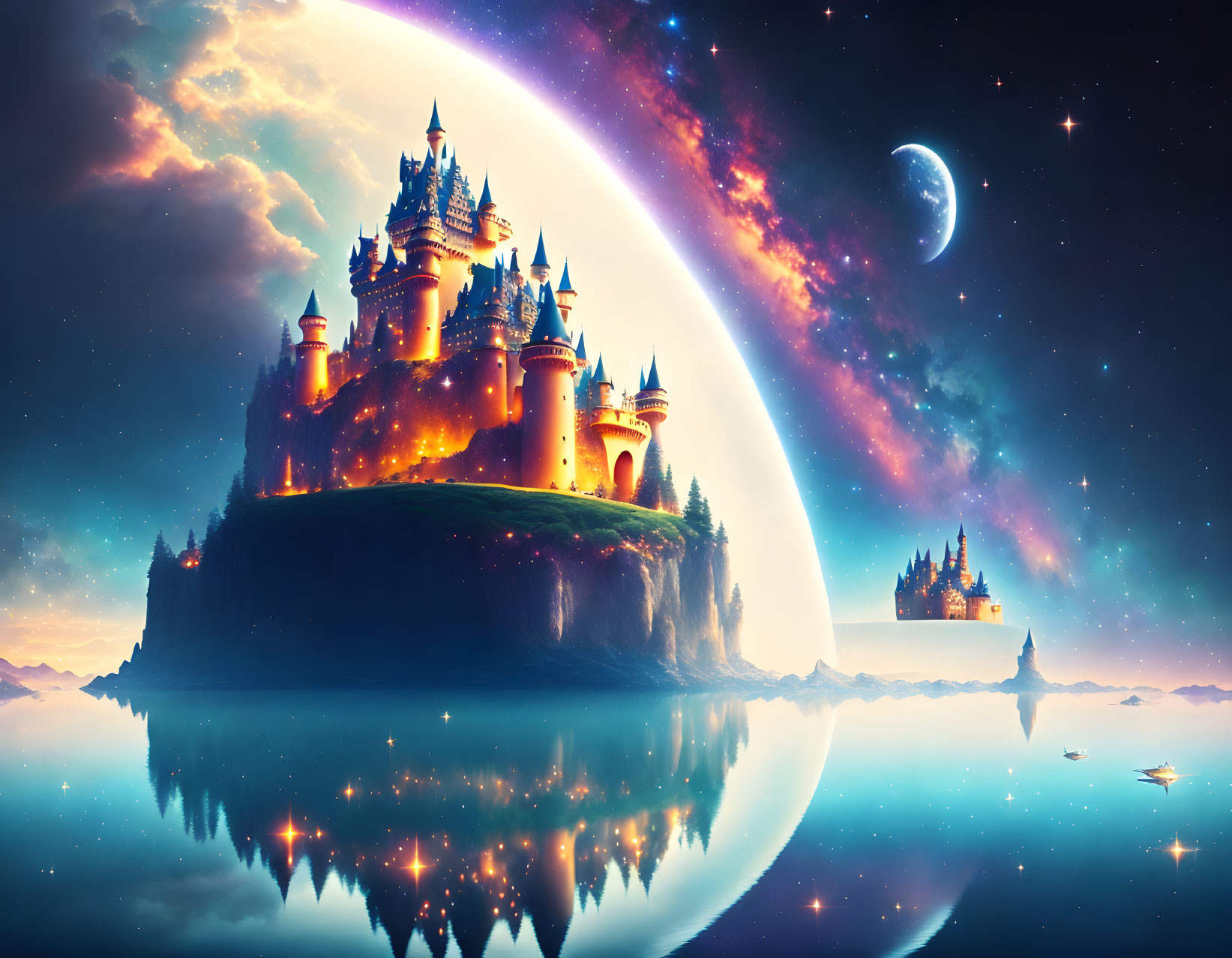 Fantasy landscape with illuminated castles, cliffs, and celestial bodies reflected in water