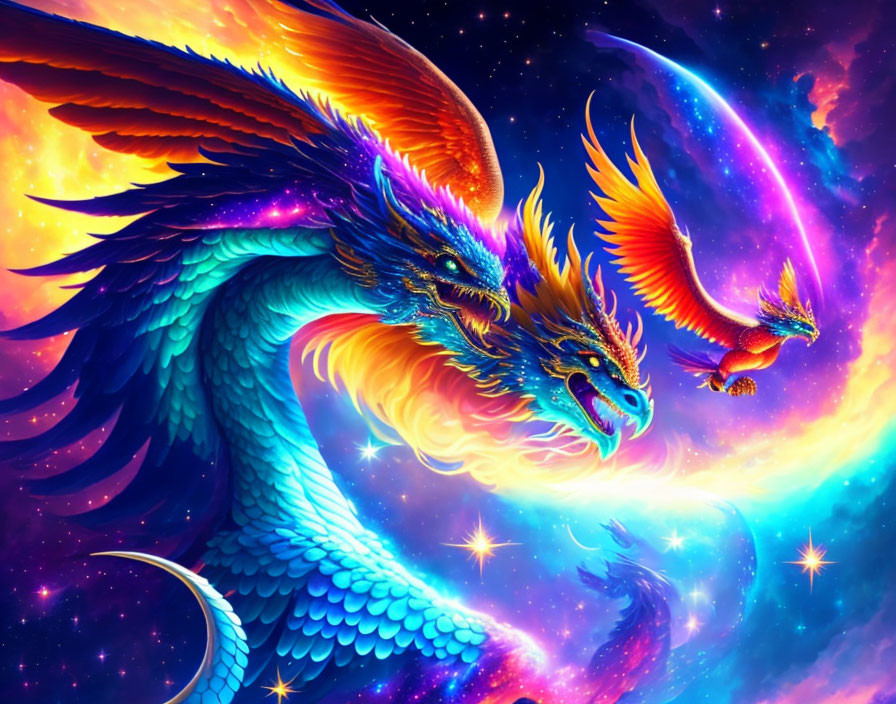 Majestic blue and orange dragon in cosmic digital artwork