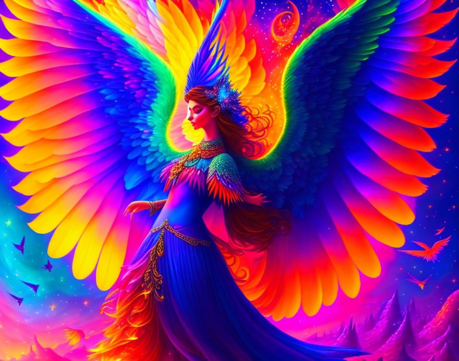 Colorful mythical woman with bird-like wings in blue attire on vibrant background