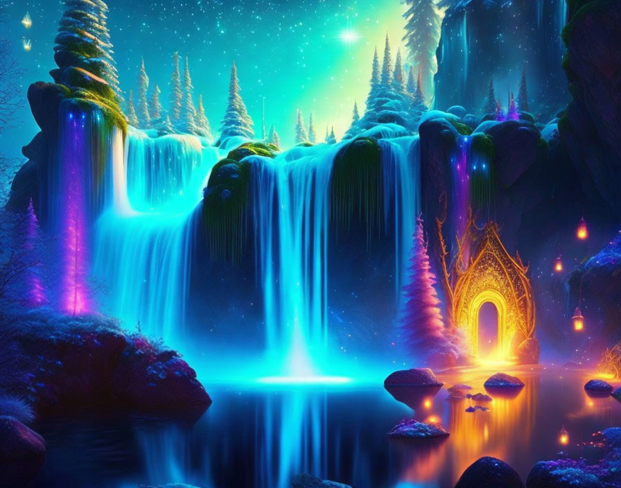 Vivid Fantasy Landscape with Blue Waterfall and Golden Door