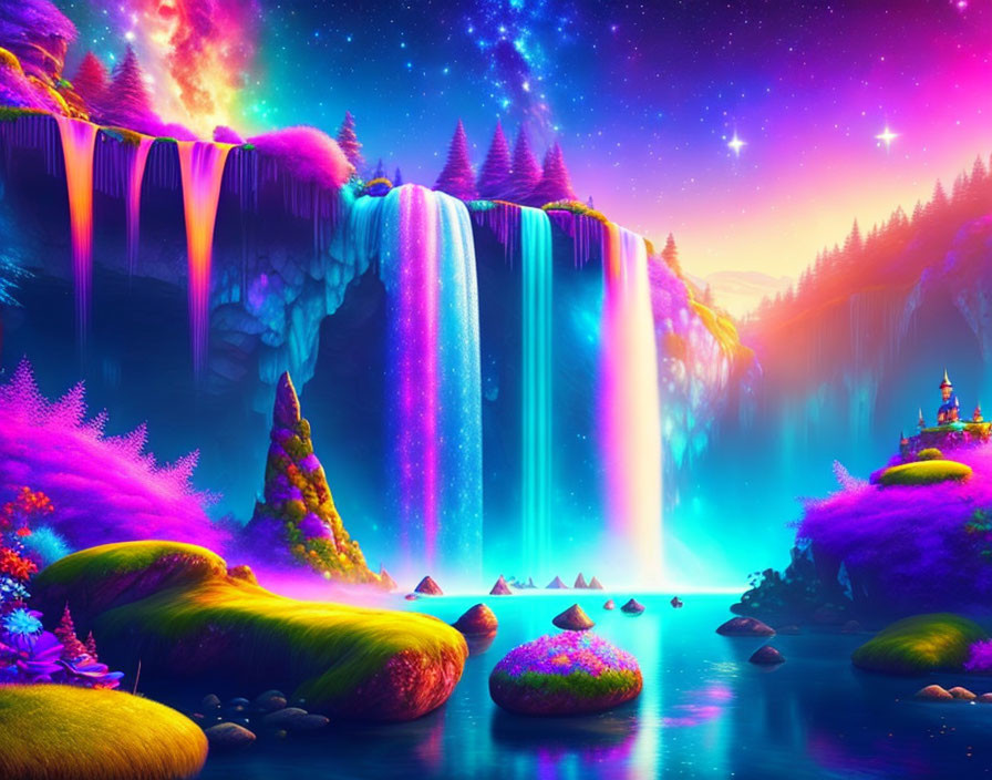 Colorful Fantasy Landscape with Waterfalls, Neon Flora, and Starry Sky