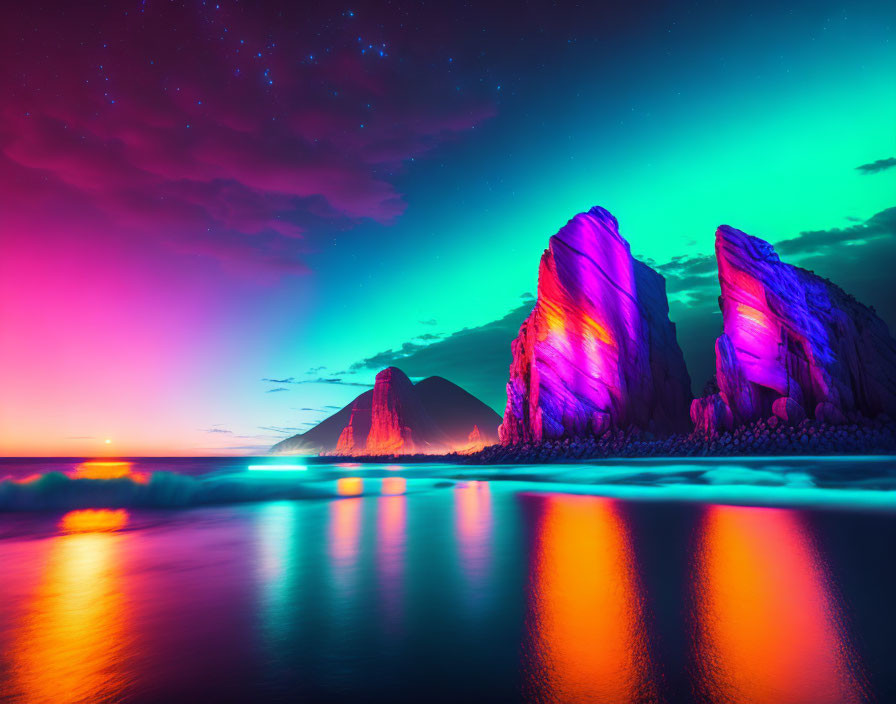 Colorful sunset reflected in water with cliffs and starry sky