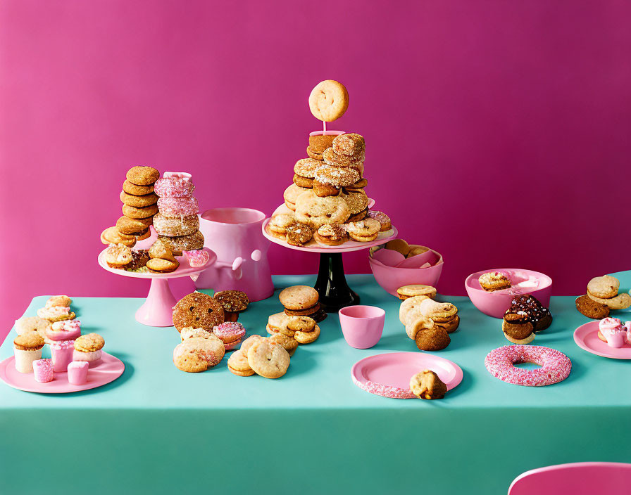 Assorted cookies and doughnuts on pink and black stands against teal table and magenta backdrop