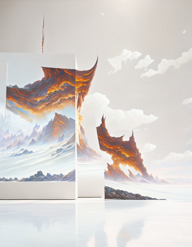 Surreal artwork: Fiery mountains merge with clouds on reflective surface.