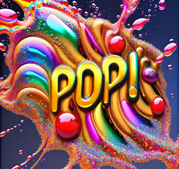 Vibrant 3D illustration: "POP!" with bold letters, liquid splashes, and